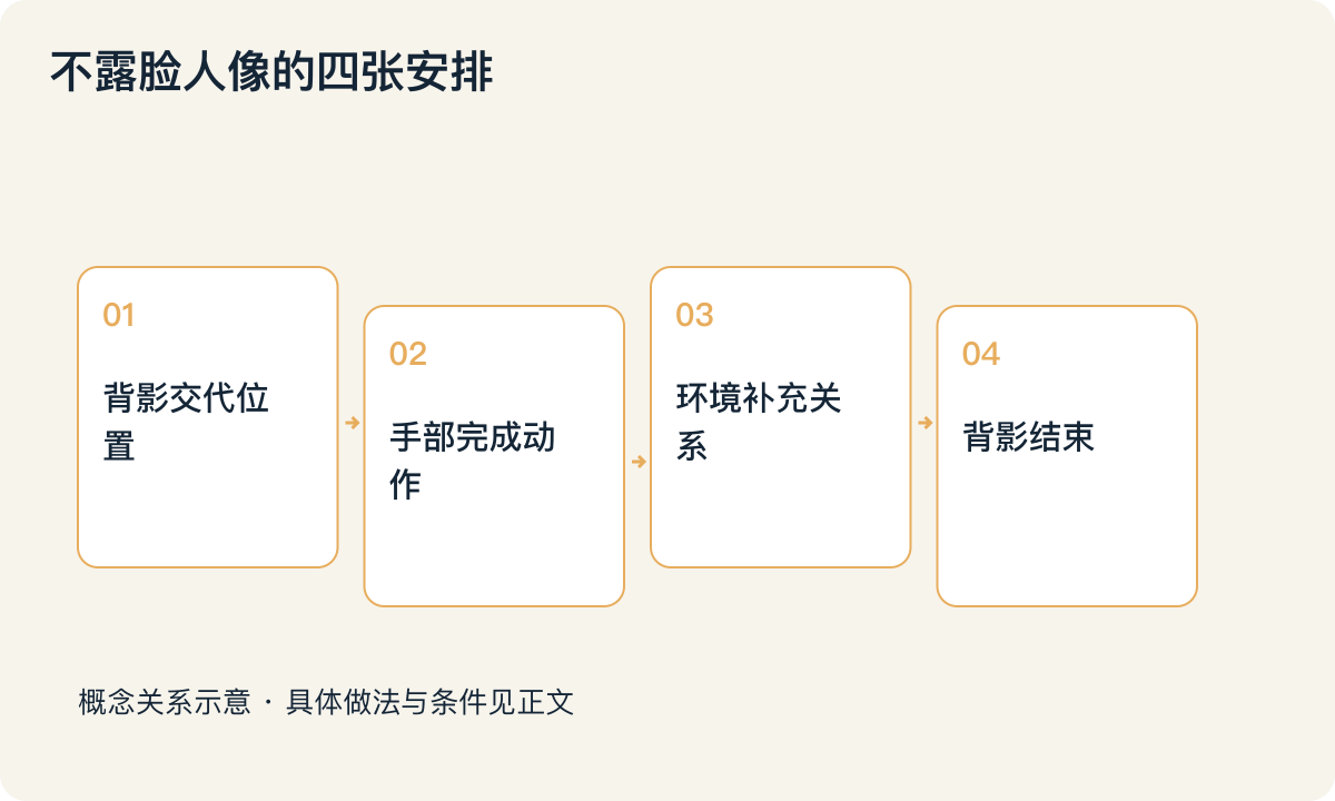 不露脸人像的四张安排:背影交代位置;手部完成动作;环境补充关系;背影结束