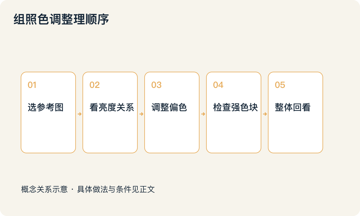 组照色调整理顺序:选参考图;看亮度关系;调整偏色;检查强色块;整体回看