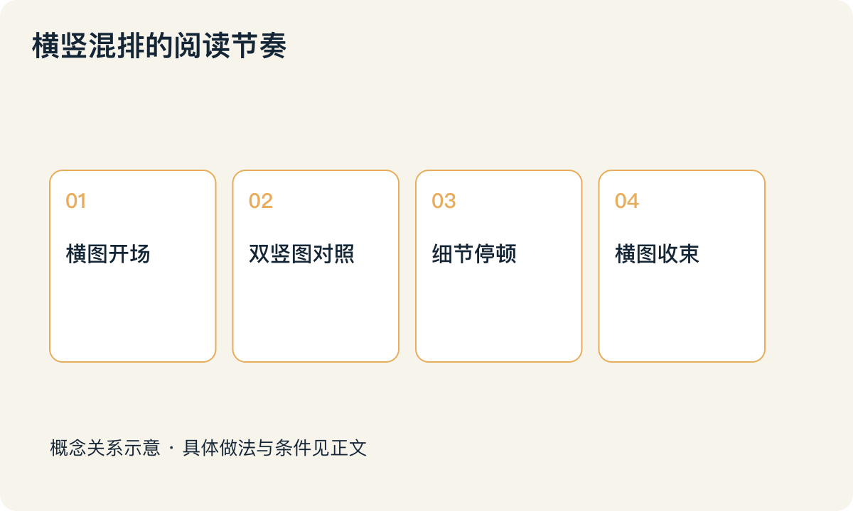 横竖混排的阅读节奏:横图开场;双竖图对照;细节停顿;横图收束