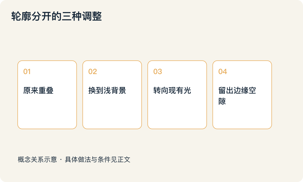 轮廓分开的三种调整:原来重叠;换到浅背景;转向现有光;留出边缘空隙