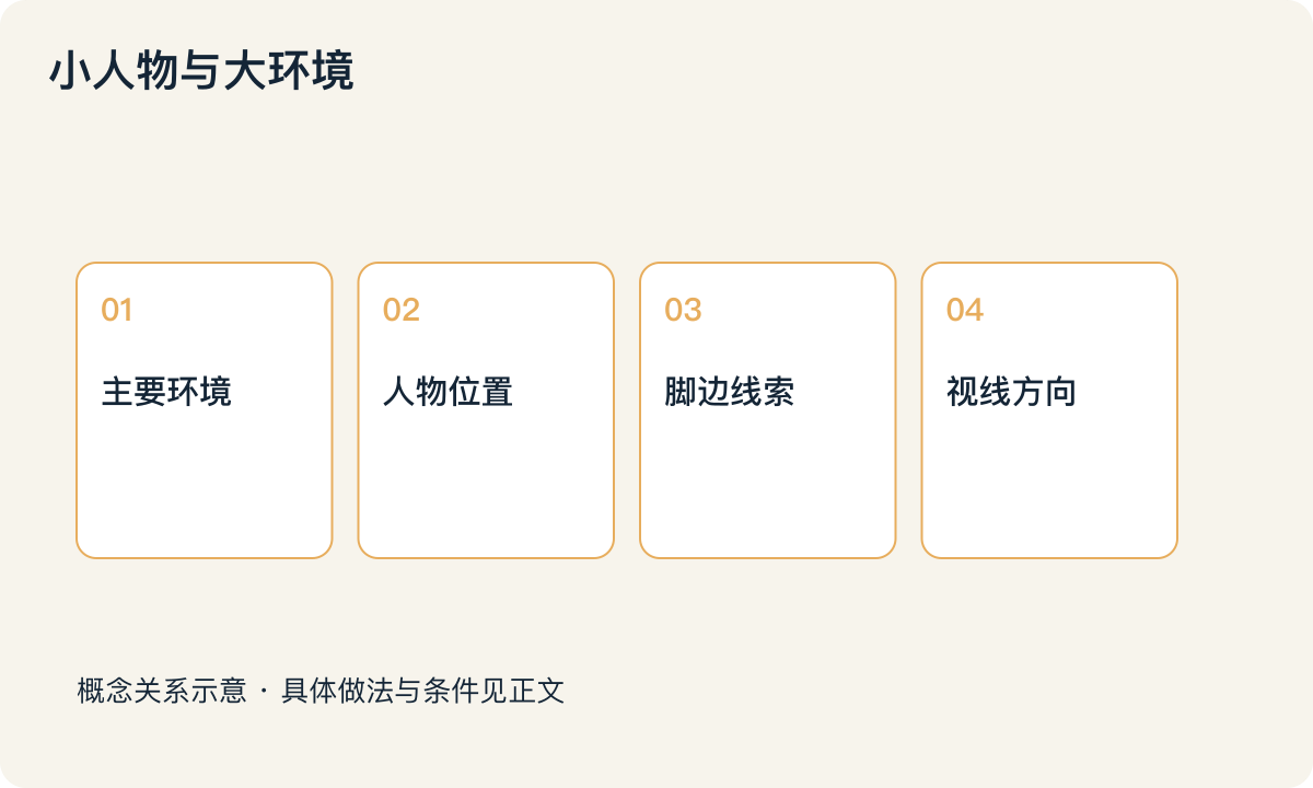 小人物与大环境：主要环境；人物位置；脚边线索；视线方向