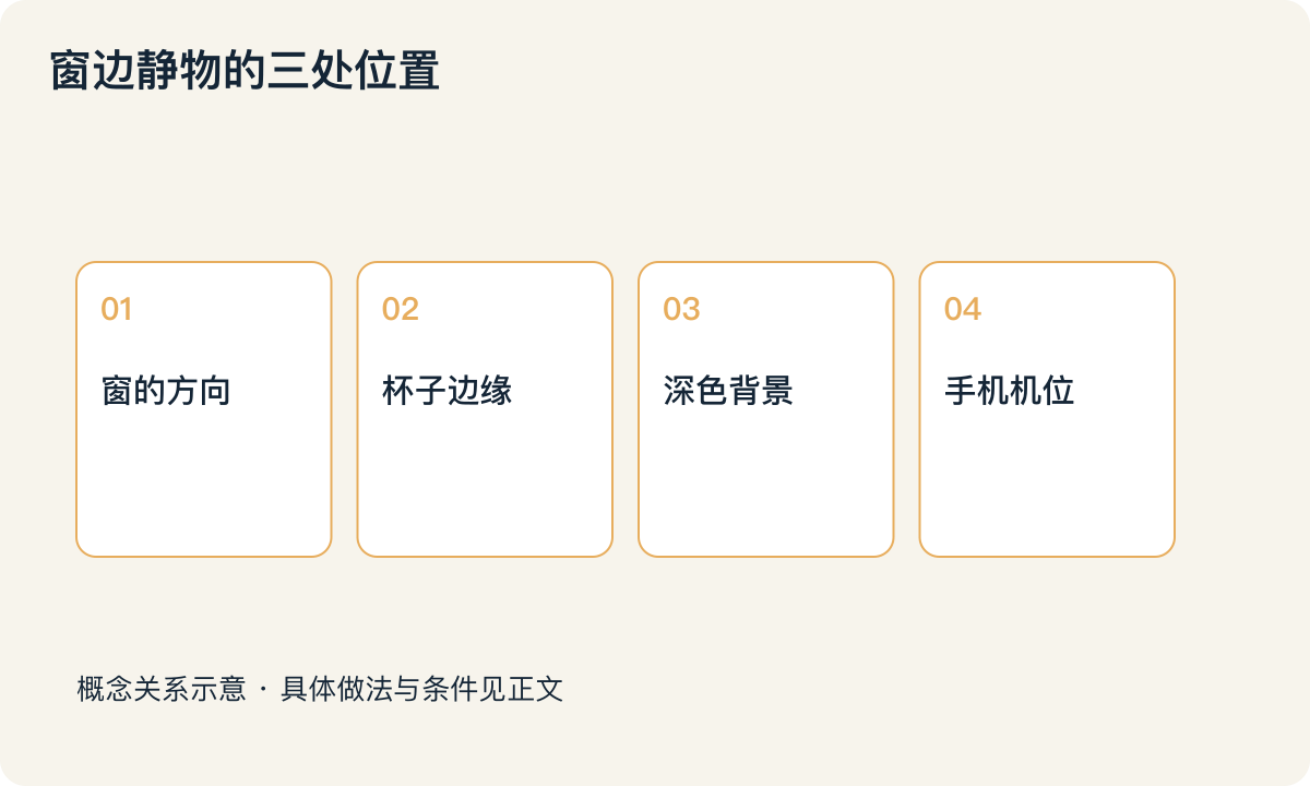 窗边静物的三处位置:窗的方向;杯子边缘;深色背景;手机机位