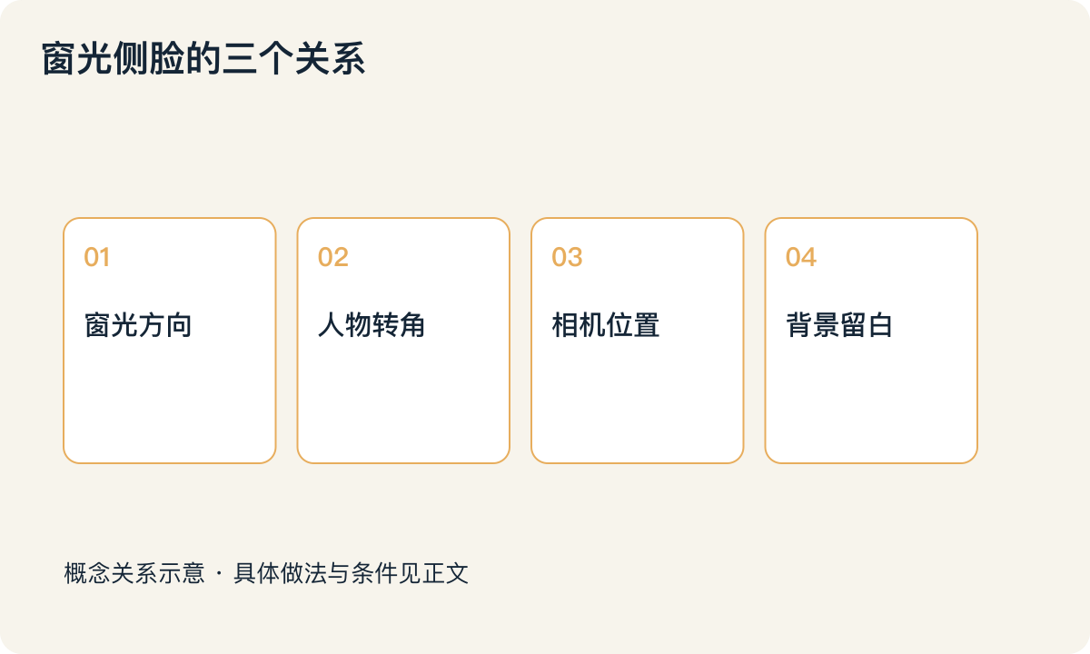 窗光侧脸的三个关系：窗光方向；人物转角；相机位置；背景留白